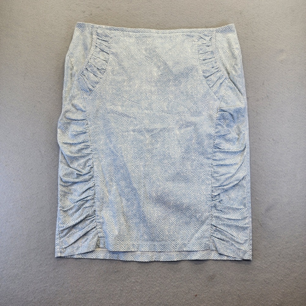 Ronen Chen Blue White Chevron Ruched Pencil Skirt Size 6 Herringbone Made Israel